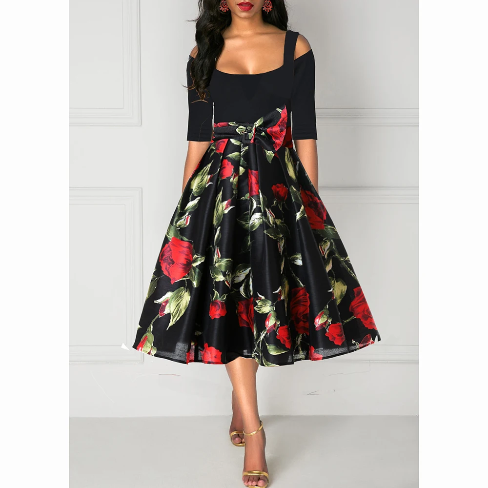 

Plus Size Women Dress Floral Print High Waist Vintage Women Summer Retro Elegant Short Sleeve Evening Party Dress vestidos D30