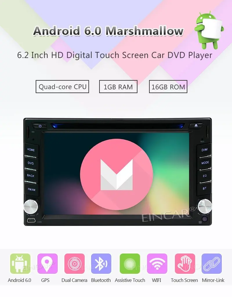 Top Android 6.0 Car Stereo 2 Din Bluetooth Radio Support GPS Navigation 3G/4G/Wifi USB Mirrorlink Backup Camera Aux Radio Video DVD 1