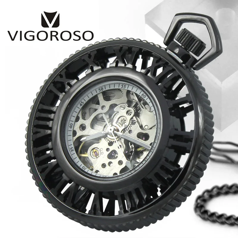 VIGOROSO бренд стимпанк Скелет Прозрачный открытый лицо римские цифры ручной Заводной механический карманные часы брелок цепь мода
