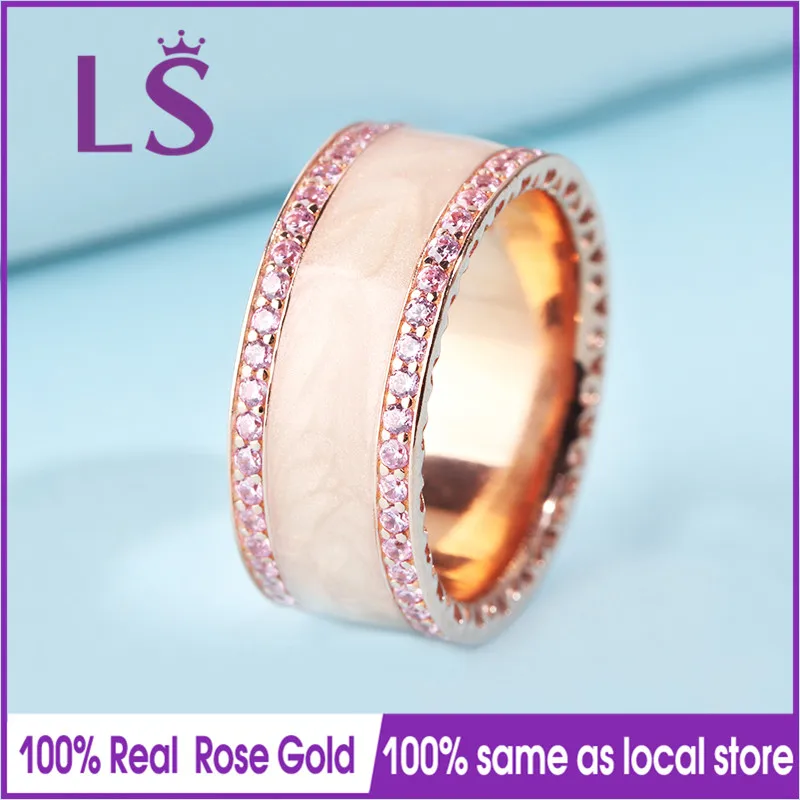 LS Hot Sale Rose Gold Cream Enamel Pink Cubic Ring,Wedding Rings for Women.Compatible With Original Jewelry.Fashion Lady Jewelry