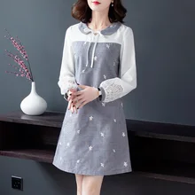 2019 Fashion Elegant Cute Plaid Midi Dress Spring Lace Patchwork Peter Pan collar Contrast Color Embroidery 5XL lace contrast bell sleeve plaid dress