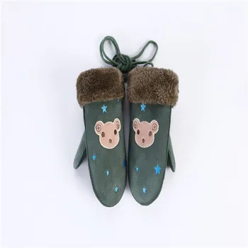 

Winter Warm Gloves Kids Cartoon Bear Mittens Knitted Thicken Full Finger Gloves ChildrenWarm Full Finger Gloves with Long Rope