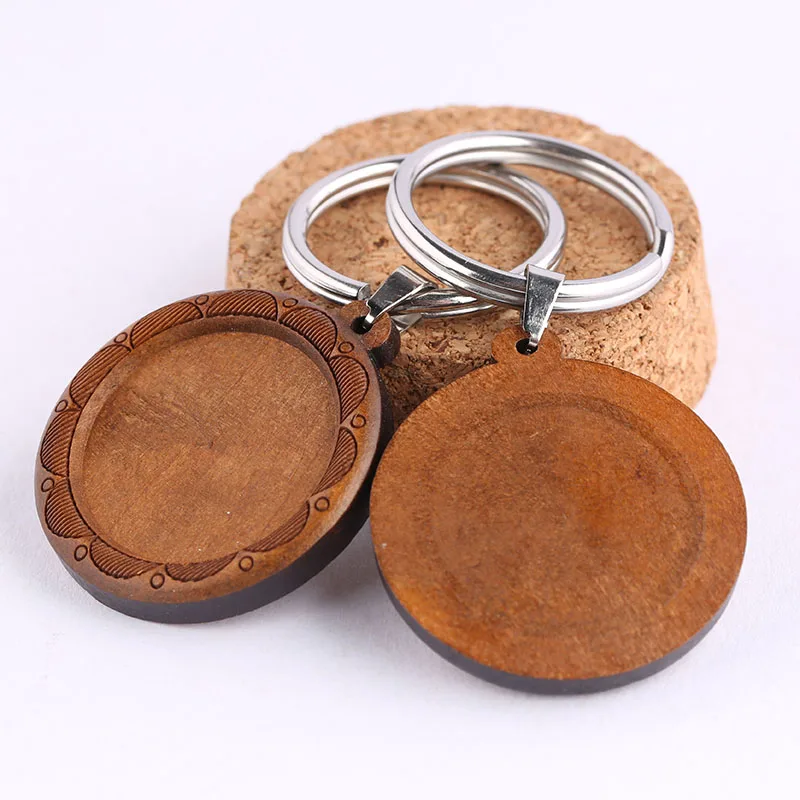 

onwear 3pcs Fit 25mm round cabochon wood keychain settings diy blank wooden key chain base trays metal stainless steel keyring