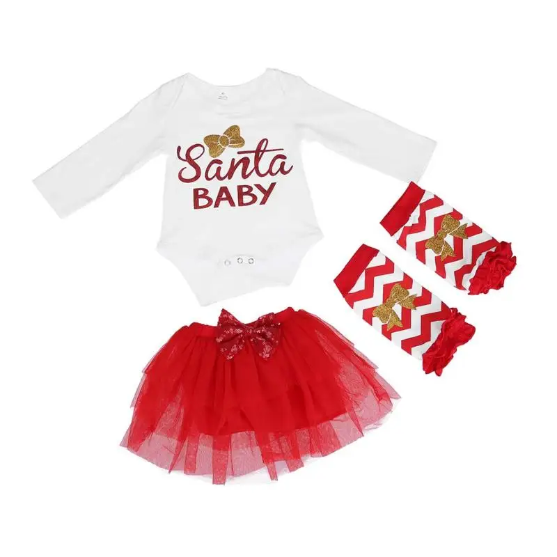 

Xmas Baby Clothes Set Christmas Letter Print Overall Newborn Girl Fashion Lace Dress 3pcs/set Toddler Girls Clothing