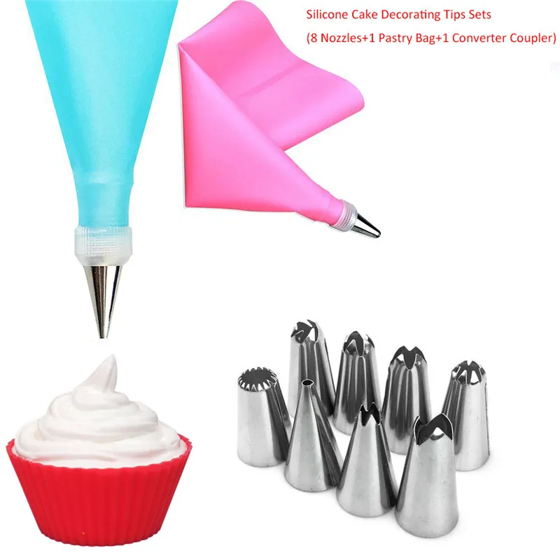 

10Pcs/Set Silicone Icing Piping Cream Pastry Bag+8 Stainless Steel Nozzles+1 Converter Coupler DIY Cake Decorating Baking tools