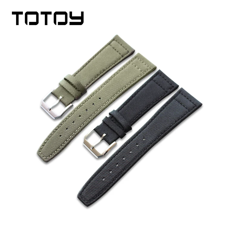 

TOTOY fashion personality canvas nylon + leather strap 20mm 21mm 22mm men's leather strap, green black leather watch strap