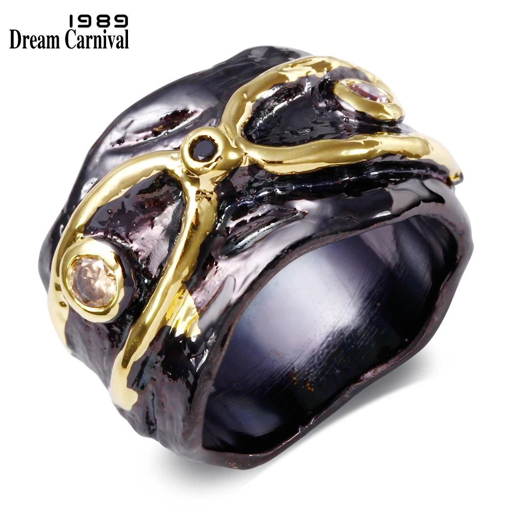 

DreamCarnival 1989 Unique Women Wide Band Type Infinity CZ Bezel Set Black Gold Color Party Style Ring Gothic Jewelry ZR14176