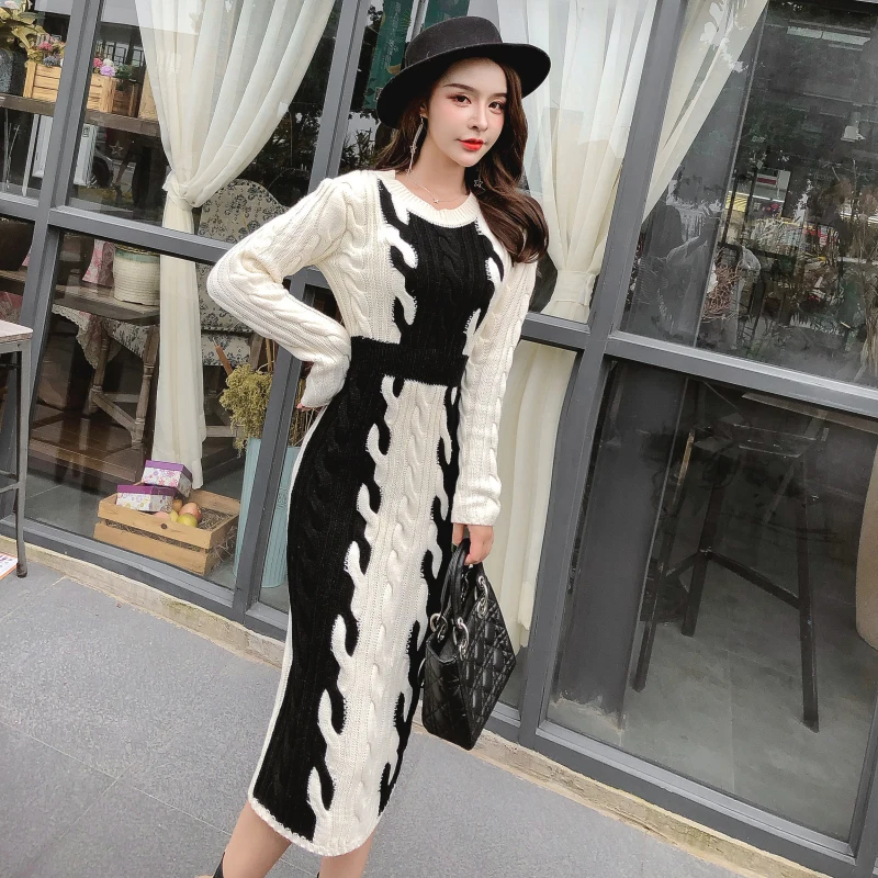 

2019 Autumn Winter White Black Assorted Colors Knitted Sweater Dress Long Sleeve Slim Sweater Dress Elegant Lady