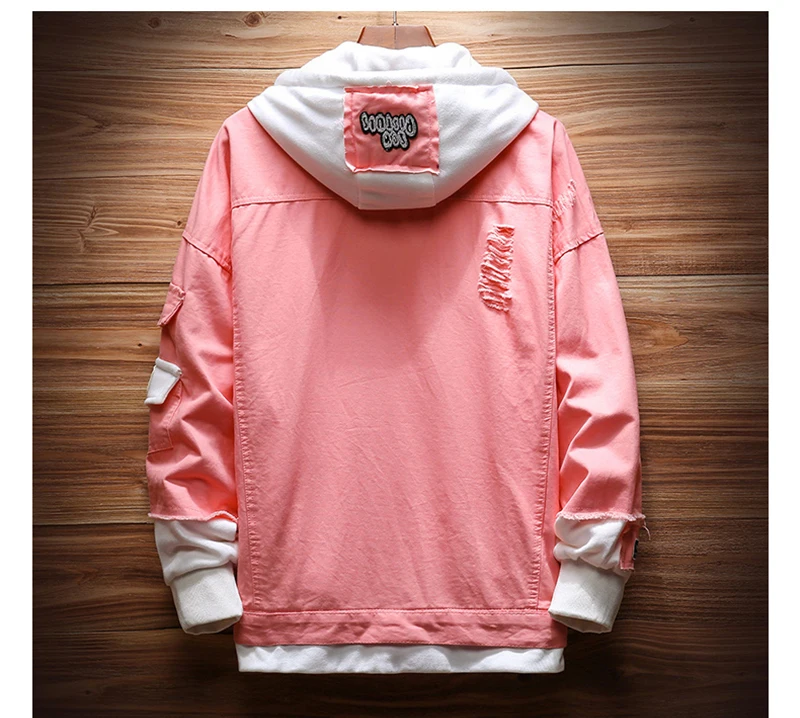 Ceny Mężczyźni kobiety 2019 nowa wiosna fałszywe dwa kawałki szwy różowy zgrywanie z kapturem kurtka dżinsowa Hip Hop Swag luźne otwory płaszcze casualowe