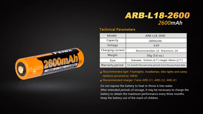 1 шт. Fenix ARB-L18-2600 3,6 V 18650 2600 mAh литий-ионная аккумуляторная батарея