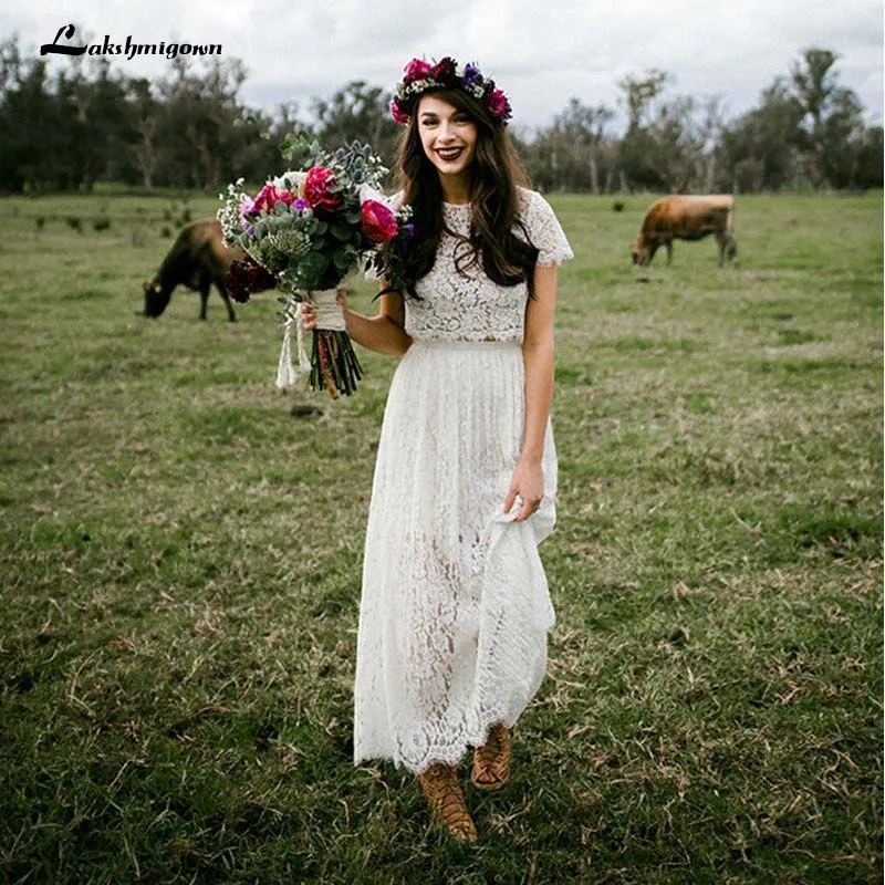 

Two Piece Lace Boho Wedding Dress With Sleeves Round Neck Ankle Length Bohemian Hippie Short Bride Dress For Women 2019