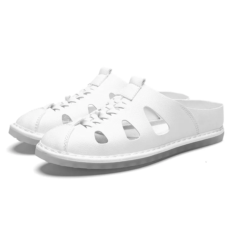 Мужская кожаная обувь летние Для мужчин мягкие, удобные сандали Мужская Летняя обувь на нескользящей плоской подошве, KA1180 - Цвет: Белый