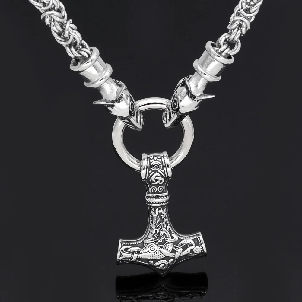 

Men stainless steelNordic viking odin wolf head with thor hammer Mjolnir pendant necklace -handmade chain