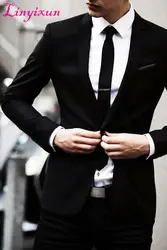 Linyixun черный блейзер мужские Slim Fit Blazer мужских костюм Chaleco Hombre мужские костюмы Свадьба Жених (куртка + Штаны)