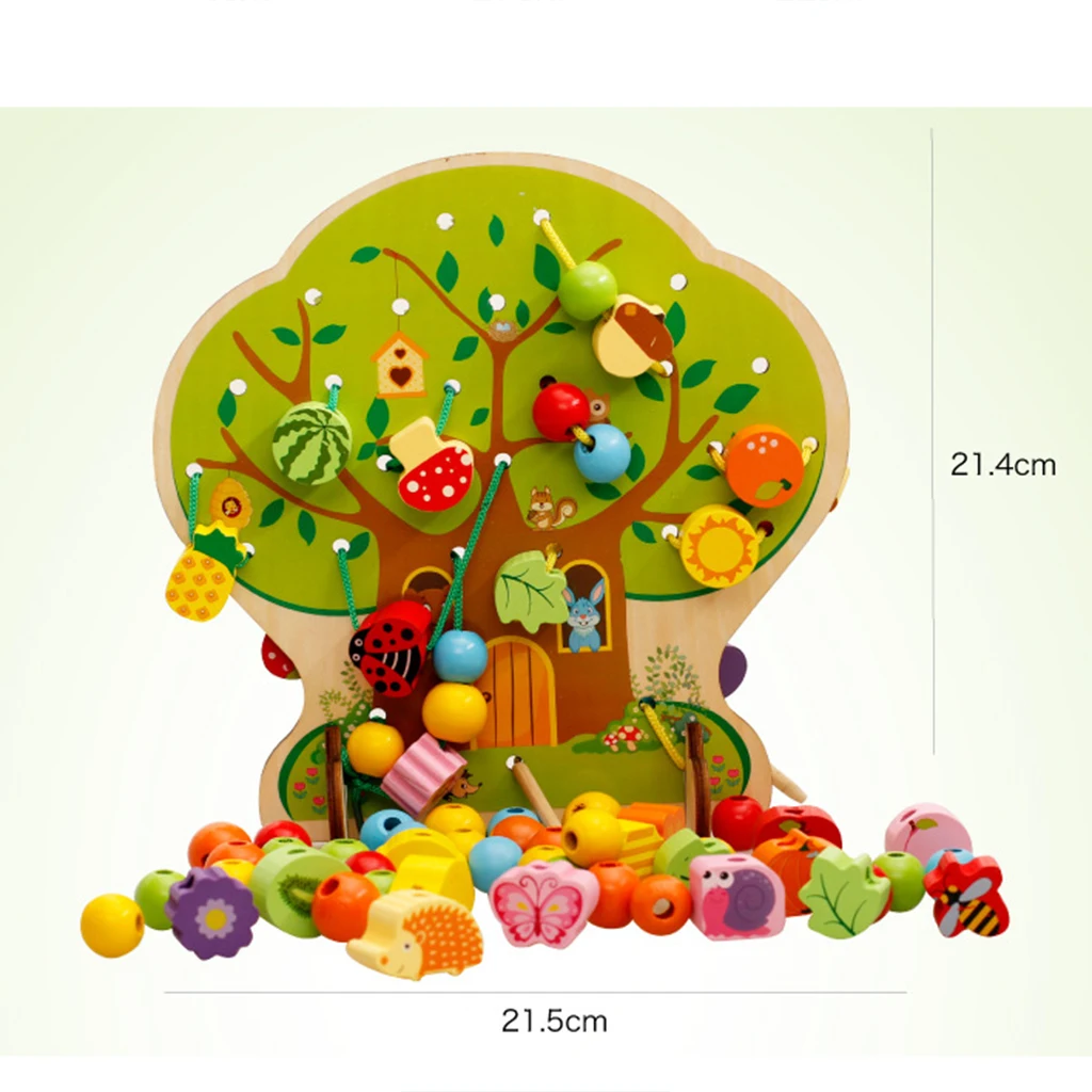 Baby Toddler Wooden Threading Beads Math Toys Lacing Shapes Activity Cognition Toys, Wooden Educational Toy for Kids