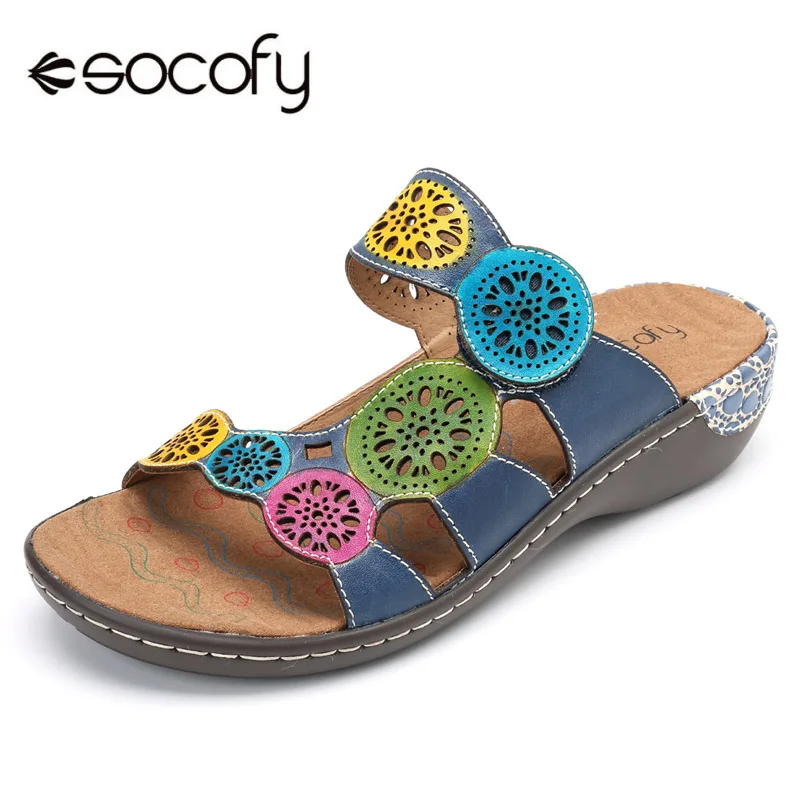 

Socofy Genuine Leather Casual Slippers Women Shoes Slides Summer Beach Slippers Vintage Hollow-out Hook&Loop Flat Heel Shoes New