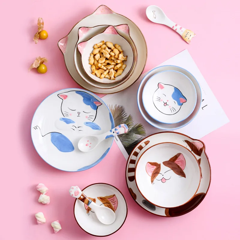 Cute Cat Ceramic Japanese Dinner Steak Food Dessert Plate Dish Dinnerware Porcelain Bowl Spoon Tableware Kid Breakfast Set Gift