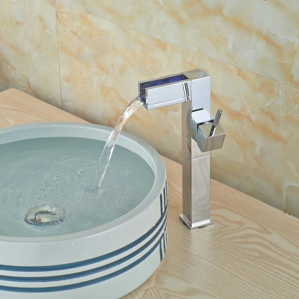 LED Tall Style Chrome Brass Waterfall Bathroom Faucet Tall Vanity Sink