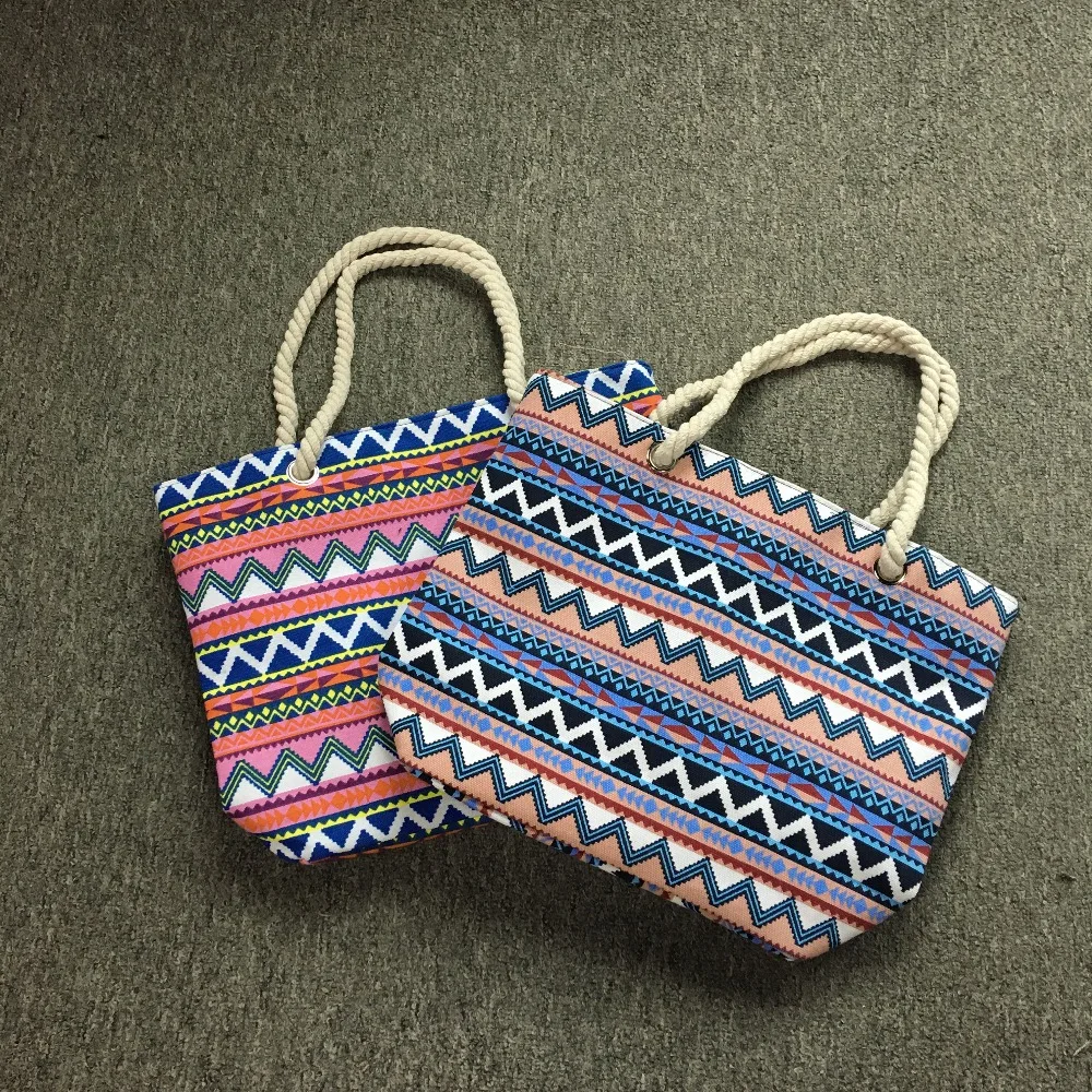 Bohemian Canvas Tote Wholesale Blanks Chevron Handbag Zipper Closure