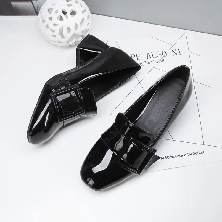 Women's Patent Leather Mid Heels Pumps Buckle Comfortable Shallow Square Toe Office Ladies Pumps Shoes CerdaChic Plus Size Women's Shoes