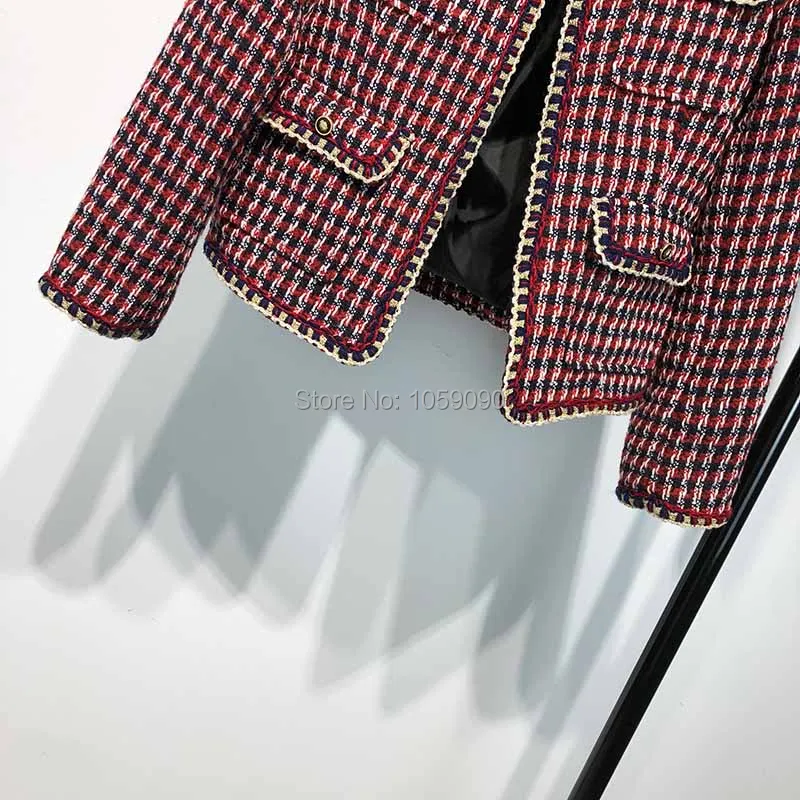 Manches Poches Nouveau Armure Avant Vérifié Rond Veste Rouge Quatre Longues Tweed 2018 Tuyauterie Femme Boutonné Col Mode Wishbop tqFv6n