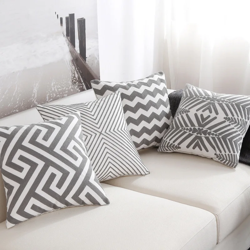 Nordic Style Embroidery Pillow Cushion Cover Geometric Grey White Striped Sofa Throw Pillows ...