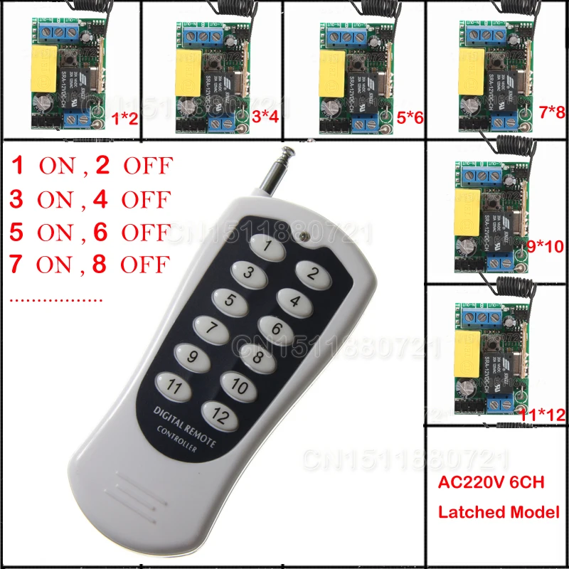 

AC 220V 6CH Mini Remote Control Switch Latched A ON B OFF Input output LED Lights Wall Lamps Bulb Remote ON OFF Control 315/433M