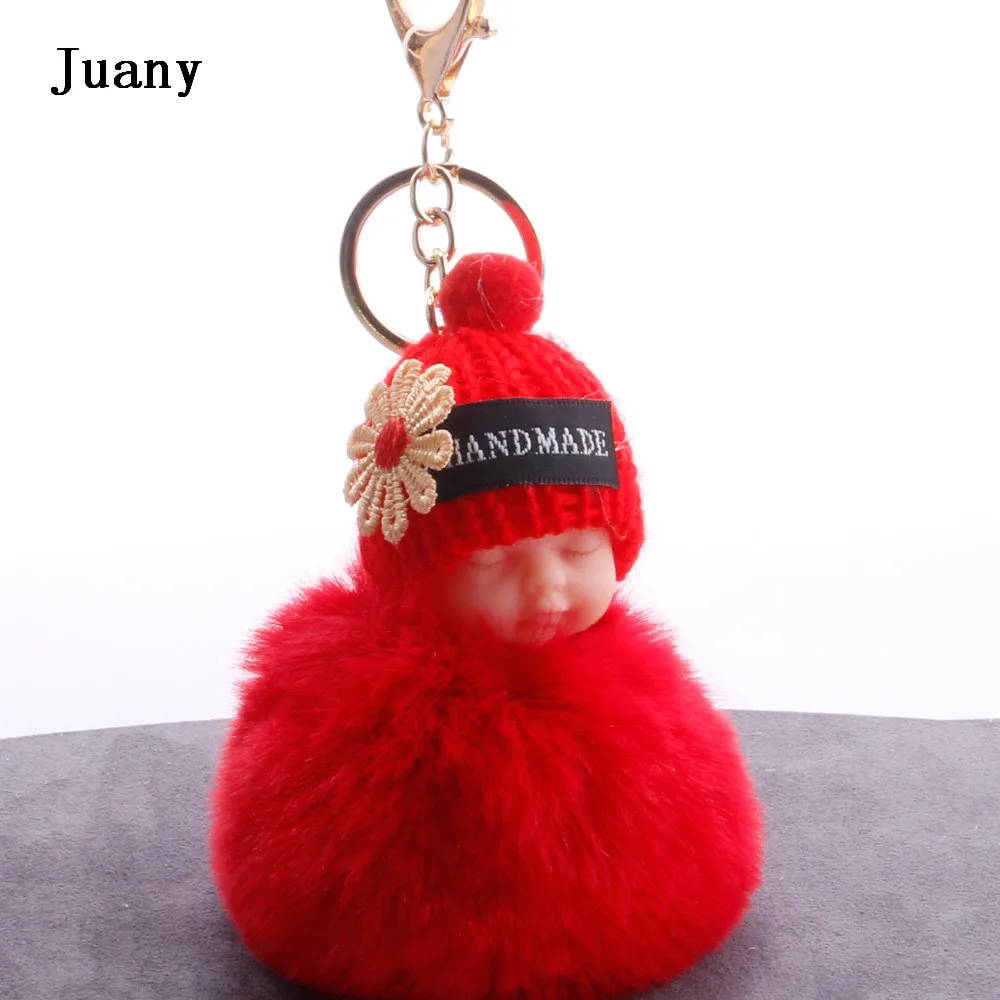Fluffy fur pompom keychain cut sleeping baby doll keychain fake rabbit fur key chain 08