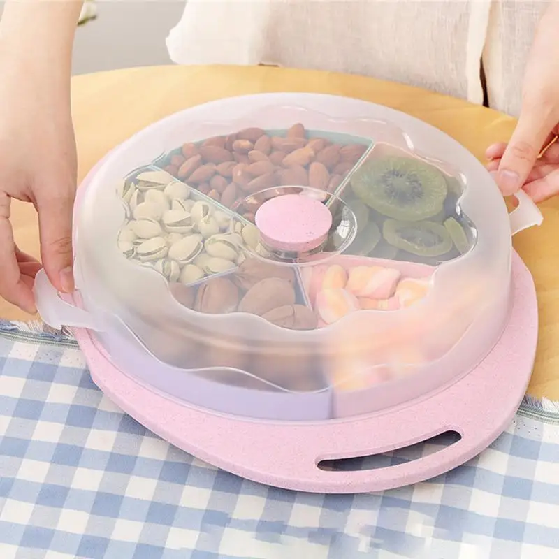 

Multi-function Round 5 Grid Snack Plates Candy Box With Lid Home Large Capacity Fruits Nut Storage Box Dessert Tray Snack Dish