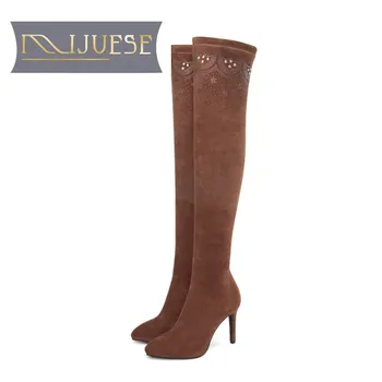 

MLJUESE 2019 women over the knee winter short plush crystal camel color thin heels platform high boots female motorcycle boots