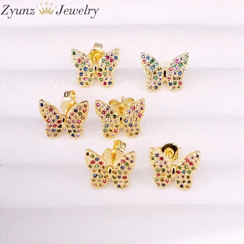 

10Pairs, 11*9mm, Colorful cz pave butterfly shape Multi Zirconia Women Jewelry Crystal Studs, micro pave CZ earring insect studs