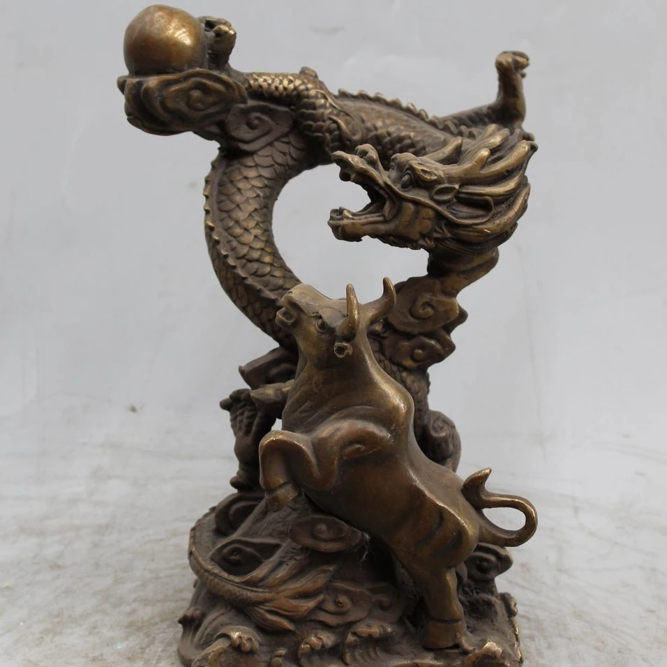 10&quot Chinese Folk Feng Shui Bronze Zodiac Year Dragon Play Bead Bull Ox Statue | Дом и сад