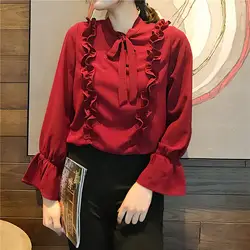 Винтажные красные блузки с расклешенными рукавами и оборками, с бантом, с круглым вырезом, сексуальные крутые женские топы blusa chemise 2018