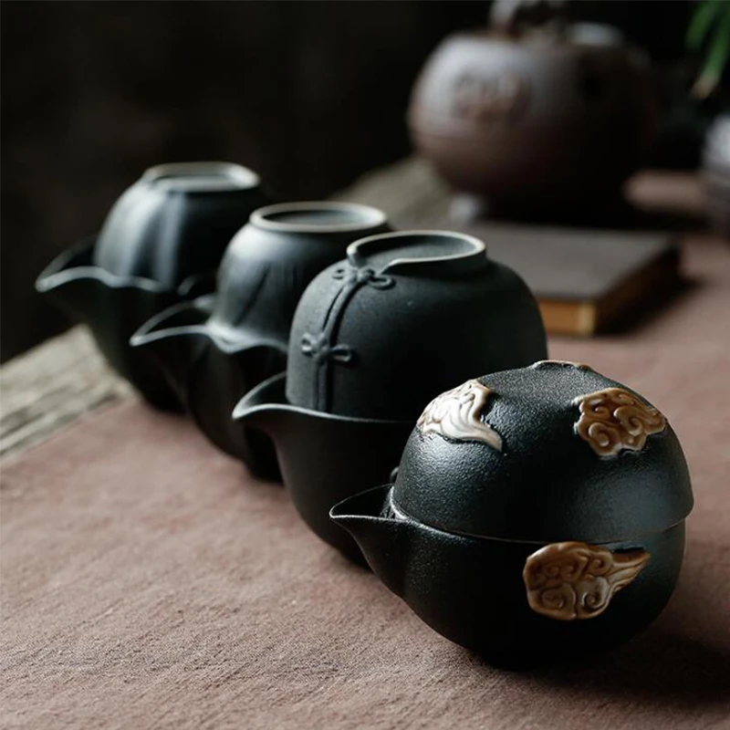 

3 Pcs / Set Chinese Black Pottery Tea Set Tang Style Kung Fu Tea Dish Cup Personal Teacup Set