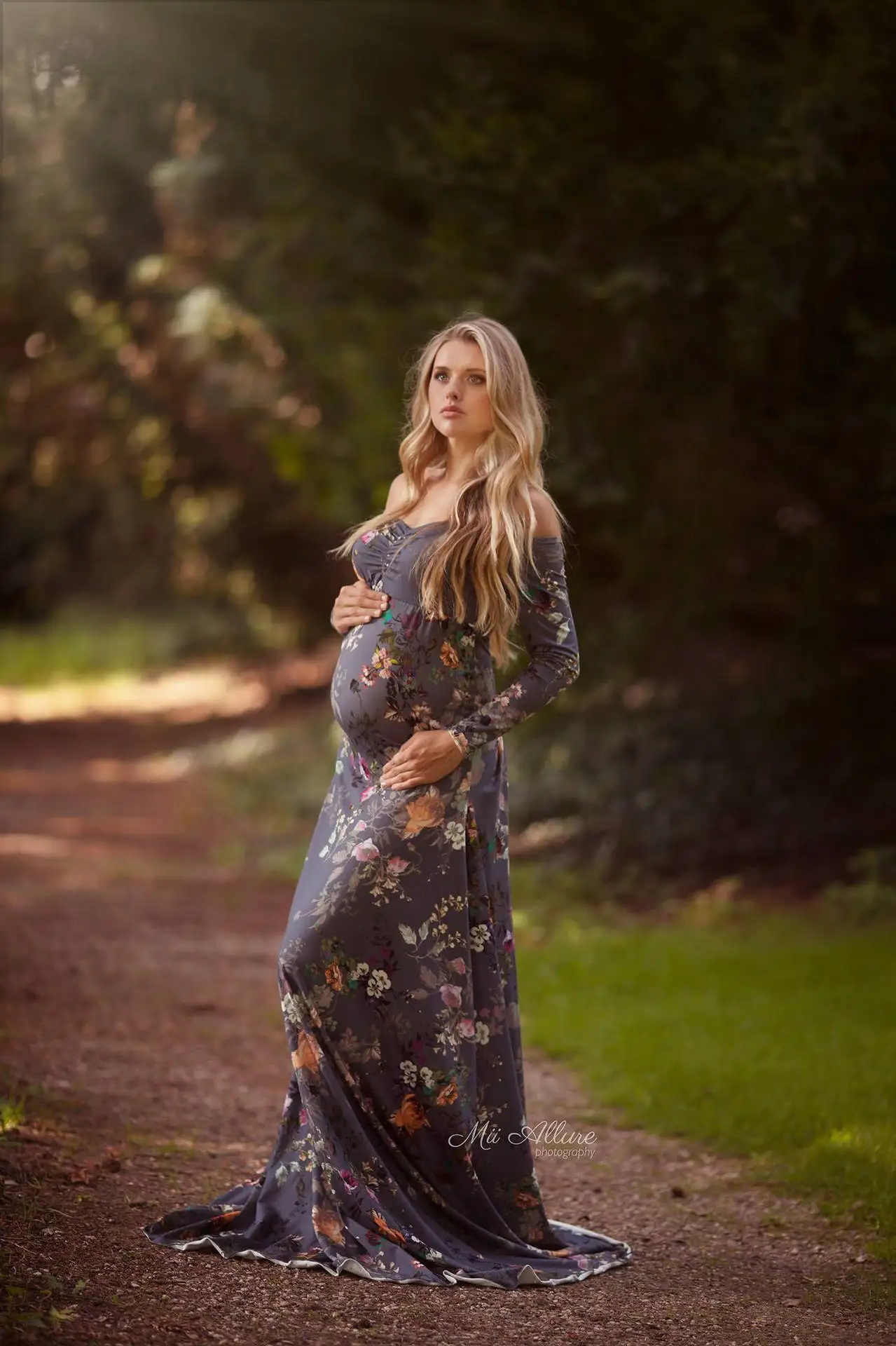 

2018 New Style Flower Printed Elegant Pregnant Women Elastic Soft Fabric Long Sleeve Floor Length Evening Party Long Dress