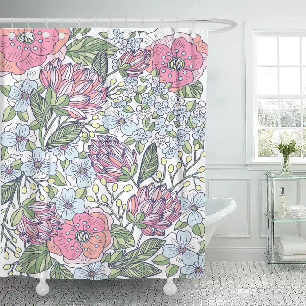 Fabric Shower Curtain with Hooks Berry Floral of Blooming Flowers Bloom