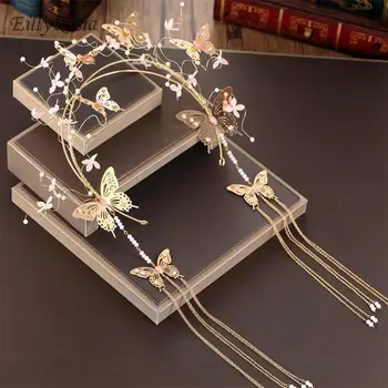 

Vintage Chineses Style Headbands Gold Butterfly Tassel Romantic Bridal Photograghy Wedding Hair Accessories Women bijoux cheveux