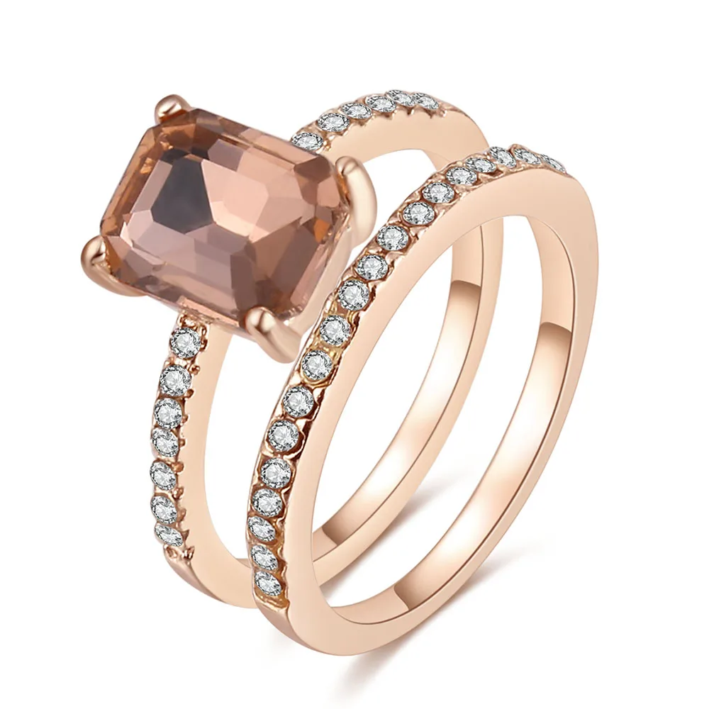 2 шт. кольцо/набор, квадратное кольцо из розового золота для женщин, модное кольцо с кристаллами и цирконием для свадьбы, помолвки, размер 6, 7, 8, 9, подарок на день Святого Валентина
