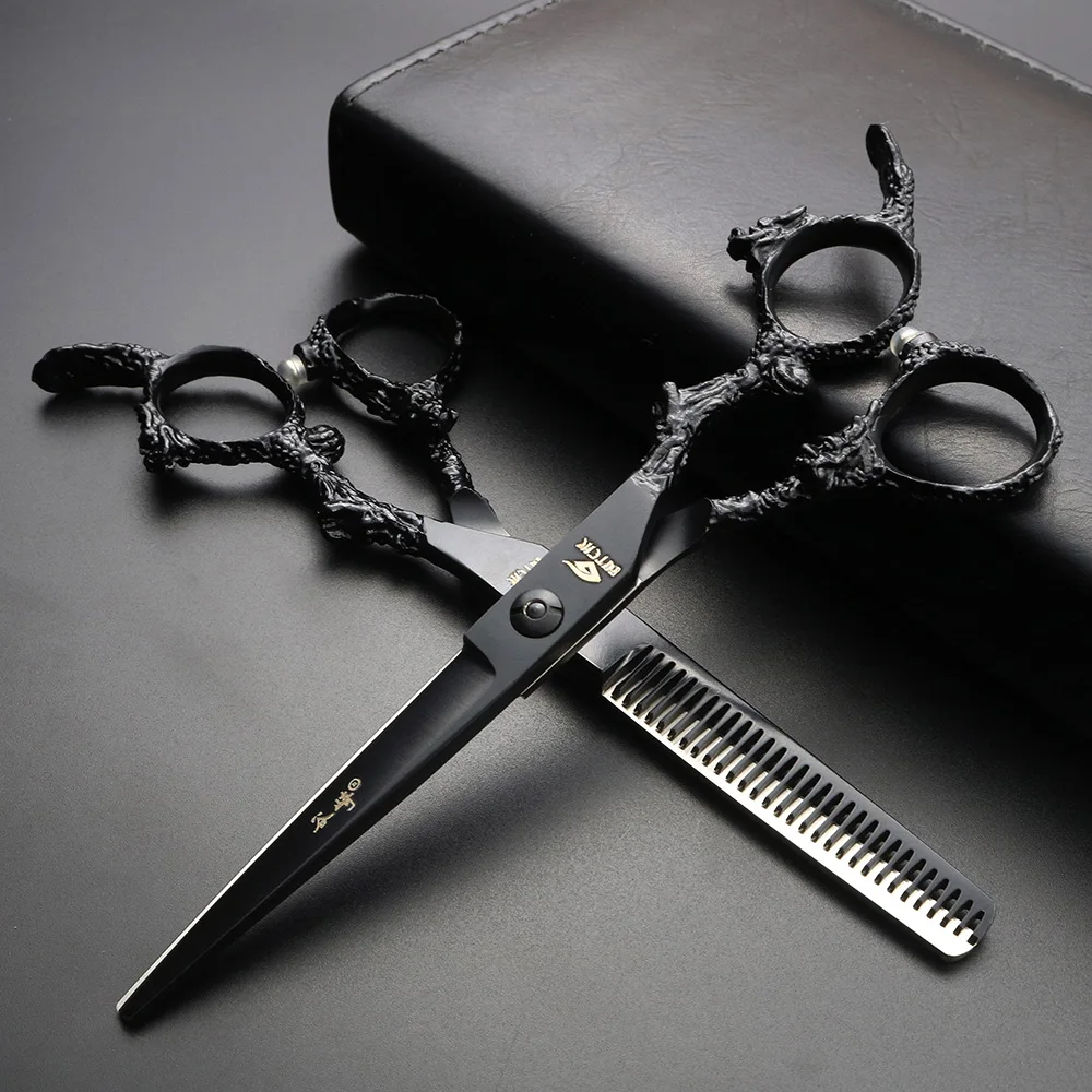 Black 6 inch Japan 440C hair scissors dragon type handle barber sharp cutting and thinning set | Красота и здоровье