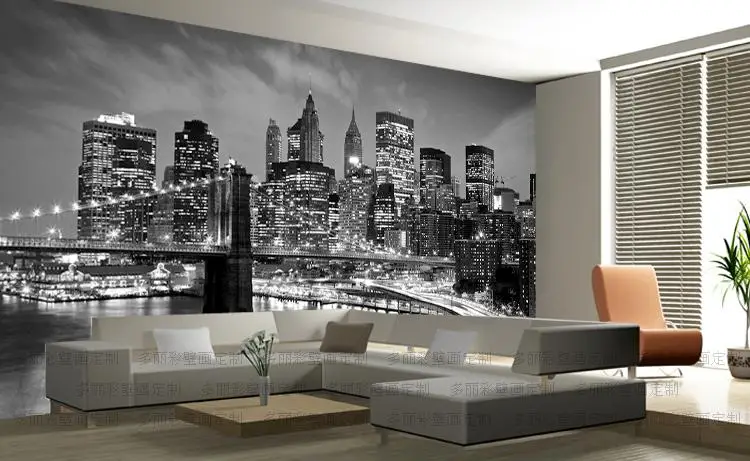 Нью-Йорк Ночной пейзаж 3d Фото Фреска обои пейзаж черный и белый гостиная 3d настенные фрески ТВ фон Наклейка на стену