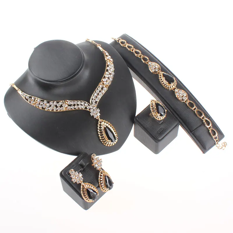 Женский модный ювелирный набор ожерелье серьги, браслет, кольцо каплевидный кристалл горный хрусталь 3 цвета драгоценный камень вечерние комплекты украшений для женщин - Окраска металла: Black