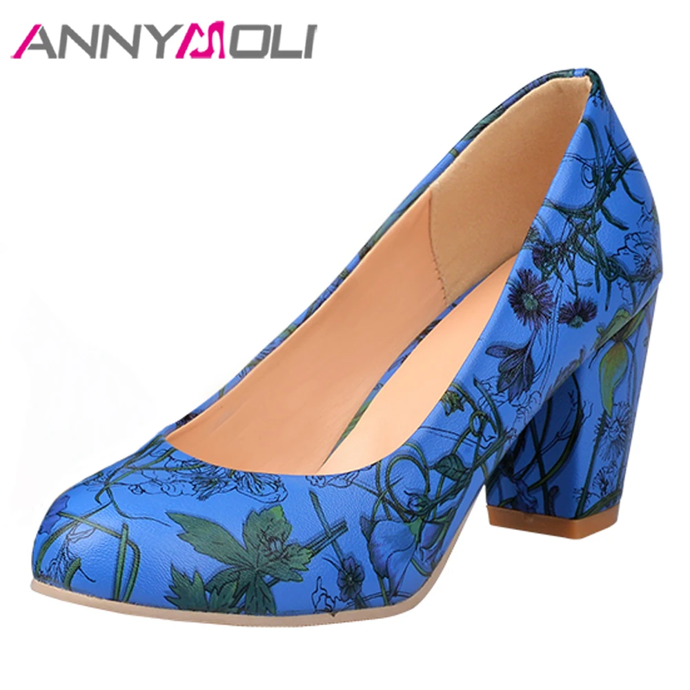 

ANNYMOLI Women Shoes High Heels Flower Thick High Heels Work Shoes Mixed Colors Round Toe Female Pumps Spring Yellow Red Size 43
