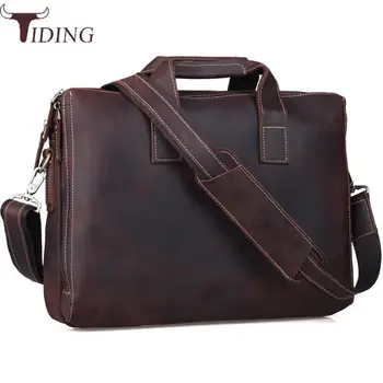 

Tiding Buneness Crazy Horse Leather 14 Inch Laptop Briefcase Mens Handbag Brown Vintage Simple Shoulder Satchel Messenger Bag