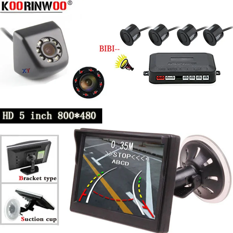 

Koorinwoo Car Accessories Parking Sensor Buzzer Kit Reverse Backup Car Intelligent Trajectory Rear View Camera HD 5 inch Monitor