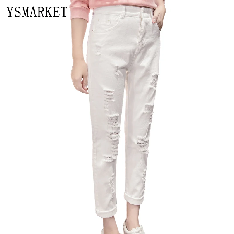 Новые корейские бойфренды повседневные джинсы белые однотонные женские узкие брюки пикантные выдалбливают отверстие джинсовой ст