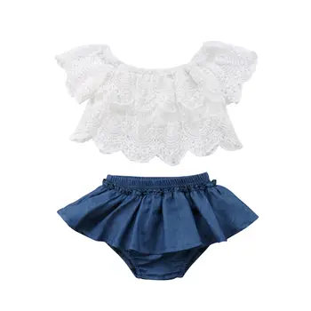 

0-3 Years Summer Baby Girls Lace Clothes Toddler Off Shoulder Lace Short sleeve Tops+Denim Shorts Dress Outfits