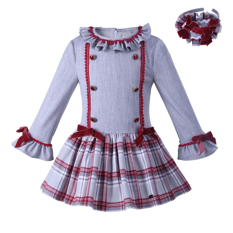 

Pettigirl New Arrival Autumn Girl Dress With Headhand Flare Sleeve Grid Dresses Girls Causal Boutique Kids Wear G-DMGD007-A129