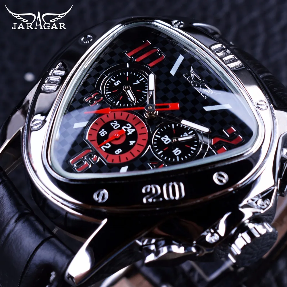Jaragar Sport Racing Design Geometric Triangle Design Genuine Leather Strap Mens Watches Top Brand Luxury Automatic
