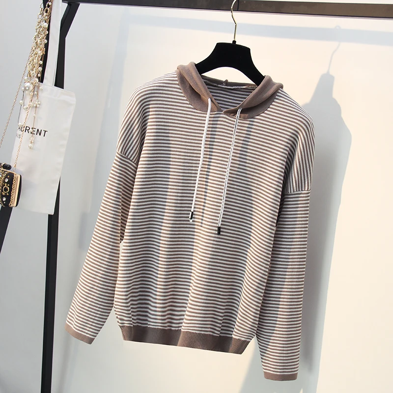 LANTIN'S 2018 FALL WINTER SWEATERS WITH WOVEN HOODED stay cord . TAPE LADIES WOMAN STRIPED LINE PULLOVER DROP SHOULDER. X227