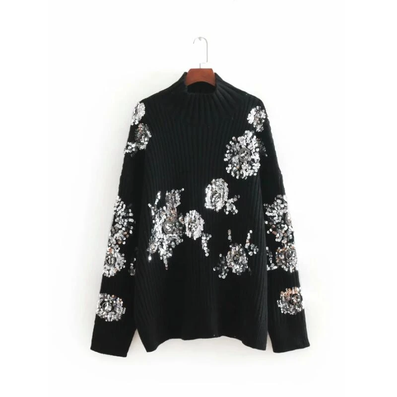 

flower pattern sequin women knitting sweater fashion female long sleeve pullovers casual black loose tops SW528